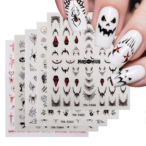 KEWUF 5 Stück Halloween Nagelsticker, Nagelsticker Halloween, Nageldesign Sticker, Nagel Aufkleber, Halloween Skeleton, Halloween Party, Totenköpfe, Spinnennetze (Schwarz, Rot) von KEWUF