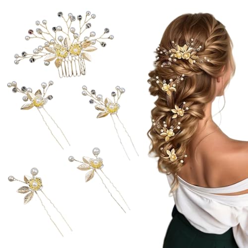 KEWUF 5 Stück Hochzeit Haarschmuck, Perlen Braut Haarnadeln Gold Brautschmuck Haare U-förmig Hochzeit Haarspangen für Frauen Mädchen von KEWUF