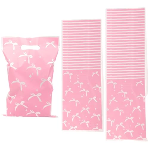 KEWUF 50 Stück Geschenktüten, Mitgebsel Tüten, Cookie Partytüten, Rosa Schleife Muster, Mitgebsel Kindergeburtstag, Plastiktüten für Geburtstagsfeiern, Gastgeschenk Tüten, Bonbon-Tasche （16.5 * 25cm） von KEWUF