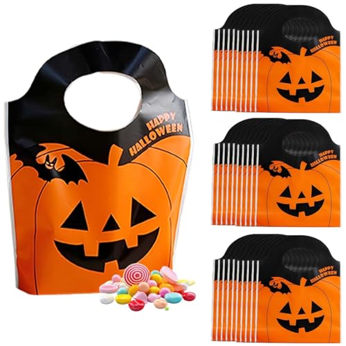 KEWUF 50 Stück Halloween Geschenktüten, Halloween Süßigkeiten Tüten, Geschenktüten Plastik, Partytüten, Kleine Tüten für Süßigkeiten, Mitgebsel Tüten, Kürbiskopf-Tragetasche (15,5x19,5x5 cm) von KEWUF