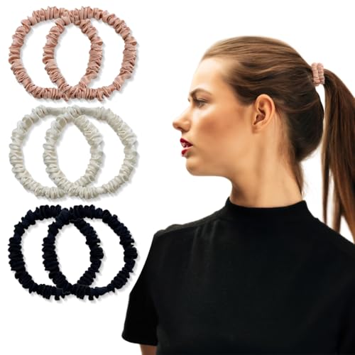 KEWUF 6 Pcs haargummi damen, scrunchies, Scrunchies Haargummis Seide Satin Scrunchy, Damen Pure Mulberry Silk Skinny Elastische Haargummis Haarbänder Armbänder Pferdeschwanzhalter Haarschmuck von KEWUF