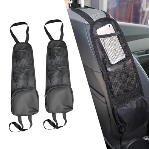 KEWUF Autositze Organizer, Multifunktionale Hängetasche für Autositze, Organizer Auto, Auto Zubehör Innenraum, Oxford-Tuch, Mesh, Mit Reißverschluss und Netzfach (2 Stück, schwarz, 14 * 42 cm) von KEWUF
