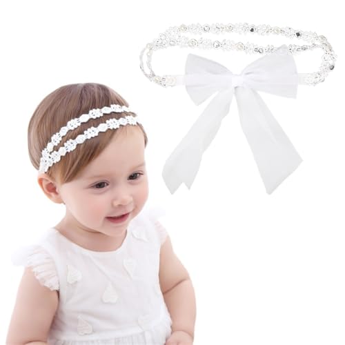 KEWUF Baby Mädchen Stirnbänder Weiß Dehnbare Stirnband DoppelspitzeSpitzebowknot-Haarband Weich Baby Hairband Nylon Neugeboren Haarschmuck Babygeschenke für Neugeborene - A von KEWUF