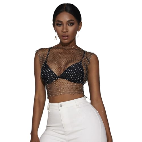 KEWUF Festival oberteil damen glitzerStrass Glänzendes Mesh Körperkette Tops - Funkelnde Bikini Crop Top für Frauen, Schwarze Strasssteine Tops, für Nachtclub Party Festival - Rundhalsausschnitt von KEWUF