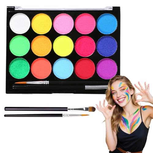 KEWUF Kinderschminke Set, 15 Farben Kinderschminken Set, Schminke Kinder mit 2 Pinsel, Gesichtsfarben Kinderschminken für Halloween Karneval Make-up Fasching von KEWUF