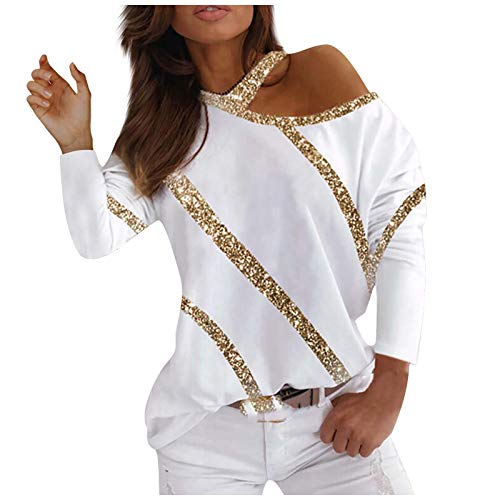 KEXIMIXUE Damen Sexy Oberteile Lässig Lange Ärmel Oberteile Pullover Schulterfrei Bluse Helles Gold Gestreift Bluse Tops Tunika Elegant T-Shirt Weiß M von KEXIMIXUE