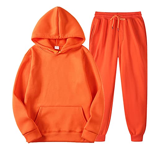 KEXIMIXUE Kapuzen Jogginganzüge Herren Damen Vlies Lässig Einfarbig Hoodies Sweatshirt Satz 2 Stück Jogger Sportkleidung Orange S von KEXIMIXUE