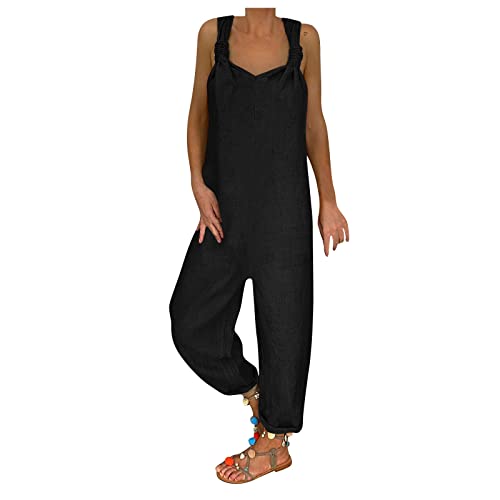 KEXIMIXUE Retro Overall für Frauen Sommer Einfarbig Lässig Lose Übergröße Leinen Straps Overalls Lang Hose Jumpsuits Schwarz 5XL von KEXIMIXUE