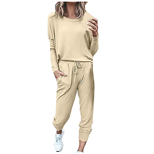 KEXIMIXUE Trainingsanzug Damen Hausanzug Kuschelig Set Sportanzug Freizeitanzug Damen Langarm Kordelzug Taschen 2 Teilig Jogginganzug Beige L von KEXIMIXUE