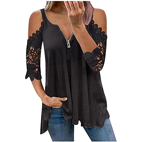 KEXIMIXUE Tunika T-Shirt Damen Sommer Kurzarm Schulterfrei Oberteil Elegant Vintage Bluse Tops Sexy Spitze Jumper Shirts Reißverschluss V-Ausschnitt Sportshirt E-Schwarz L von KEXIMIXUE