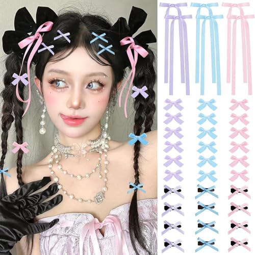 Niedliche Haaraccessoires für Damen & Mädchen – Süße Schleifen-Clips mit Krokodilverschluss & Bandverzierung – 3 Stile, 33 Teile (Blau, Rosa, Lila) von KEXUEZE
