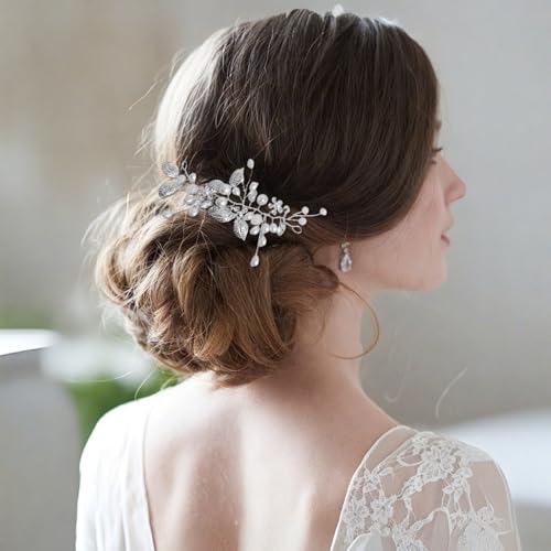 KEYRI 1 Stück Silberhochzeit Kristall Haar Reben Blume Blatt Kopfschmuck Haarranken Silber Kristall Braut Kopfschmuck Perle Strass für Damen und Mädchen (Silber, Einheitsgröße) von KEYRI