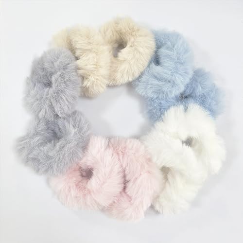 KEYRI 10 Stücke Haargummi Plüsch-Haar-Ringe für Frauen Mädchen, Pelziges Haarseil Elastisches Haarband Haarschmuck Flauschig, Scrunchies Pferdeschwanz Pom Pom Stirnbänder (Weiß+Pink+Blau+Grau+Khaki) von KEYRI