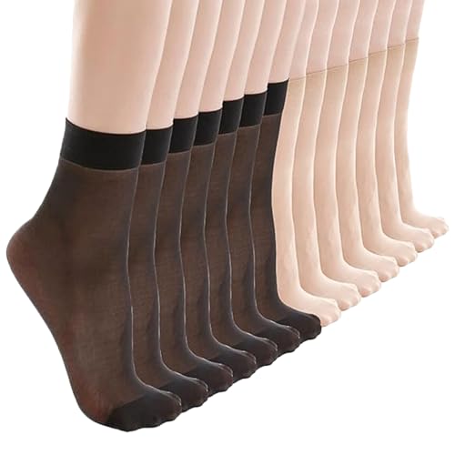 KEYRI 14 Paar Nylon Socken Damen, Knöchellange Damensocken Transparente Strümpfe Nylonstrümpfe Damen Beliebte Seide Socken Lässige Bürosocken für Frauen und Mädchen (Schwarz, Nude) von KEYRI