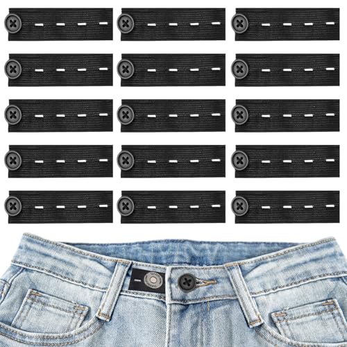 KEYRI 15 Stück Hosenbunderweiterung Elastische Knopfverlängerung Einstellbar Hosenknopf Verlängerung Hosen Knopf Erweiterung Hose für Damen Herren Für Jeans Röcke Hosen Umstandshose (Schwarz) von KEYRI