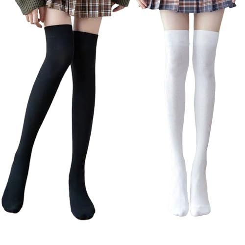 KEYRI 2 Paar Kniestrümpfe Overknees, Lange Wadenstrümpfe Strick Socken, Gestapelte Hohe Socken Damen, Einheitsgröße Freizeitsocken für Kurze Röcke (Baumwolle, Schwarz+Weiß) von KEYRI
