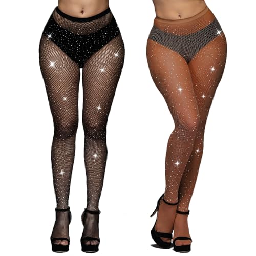 KEYRI 2 Stück Glitzer Strumpfhosen Damen, Funkeln Strass Netzstrumpfhose Diamanten Netzstrumpfhosen Rhinestones Glitzer Sparkly Fishnets Strümpfe Fischnetz Strumpfhose (Nylon, Schwarz+Kaffee) von KEYRI