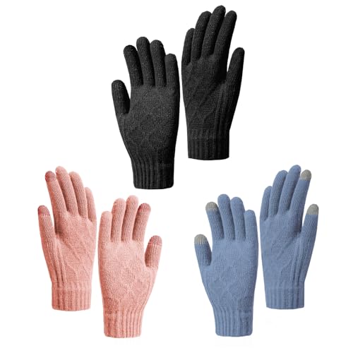 KEYRI 3 Paar Handschuhe Damen, Winterhandschuhe Touchscreen Handschuhe Strick Dehnbar Fingerhandschuhe Warm und Winddicht Winterhandschuhe für Damen und Herren Radfahren Outdoor (Schwarz, Rosa, Blau) von KEYRI