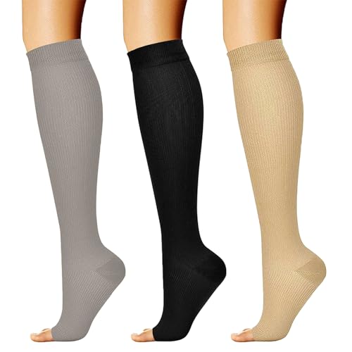 KEYRI 3 Paar Kompressionsstrümpfe für Damen und Herren, Offene Spitze Unterstützung Stützstrümpfe Lang Kompressionskniestrümpfe Damen Kompressionssocken für Flug Laufen (Schwarz, Beige, Grau, L-XL) von KEYRI
