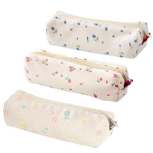 KEYRI 3 Stücke Mäpchen Niedlich Federmäppchen für Schulbedarf Make-up oder Kunstwerkzeuge Stiftemäppchen Federmäppchen Aesthetic für Studenten Mädchen (Rosa Geblümt, Blau Geblümt, Gänseblümchen) von KEYRI