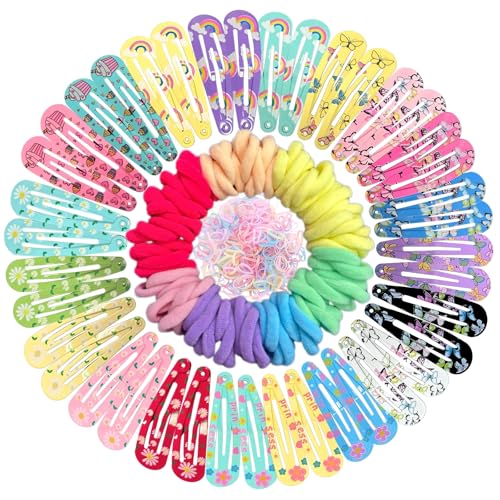 KEYRI 340 Stück 5cm Haarspangen Mädchen Blumen Haarklammer Haarschmuck Mädchen Bunte Haarspangen Farbige Gummibänder Baby Haarspangen für kleine Mädchen und Kinder (40 Haarspangen+300 Gummibänder) von KEYRI