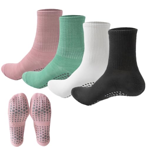 KEYRI 4 Paar Yoga Socken Damen Stoppersocken, Trainersocken Antirutschsocken Mit Griff Eine Größe, Sportsocken Geeignet für Das Tägliche Tragen Oder für Yoga Pilates Ballett (Rosa+Zyan+Weiß+Schwarz) von KEYRI