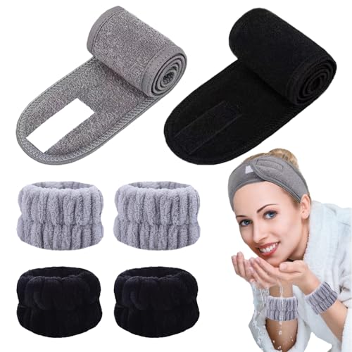 KEYRI 6 Stück Haarband Kosmetik Handgelenk Waschbänder Set, Kosmetik Stirnband Frottee Spa Stirnband Haarschutzband mit Klettverschluss Haarband für Damen Make Up Sport Yoga Dusche(Schwarz+Grau) von KEYRI