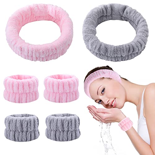 KEYRI 6 Stück Spa Gesicht Stirnband Handgelenk Waschbänder Set Gesicht Wasch Armbänder Elastisch Makeup Haarband Schweissband zum Schminken und Waschen Gesicht Frauen Spa Yoga Dusche (Rosa, Grau) von KEYRI