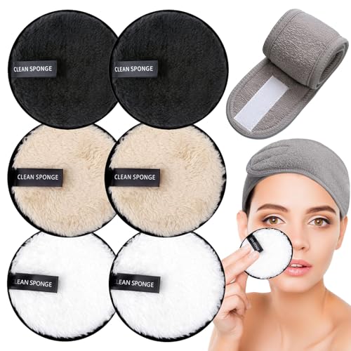 KEYRI 7 Stück Abschminktuch aus Mikrofaser Abschminkpads Waschbar Make up Entferner Pads mit Haarband Wiederverwendbar Mikrofaser Gesichtsreinigungstuch zur Gesichtsreinigung Hautpflege von KEYRI