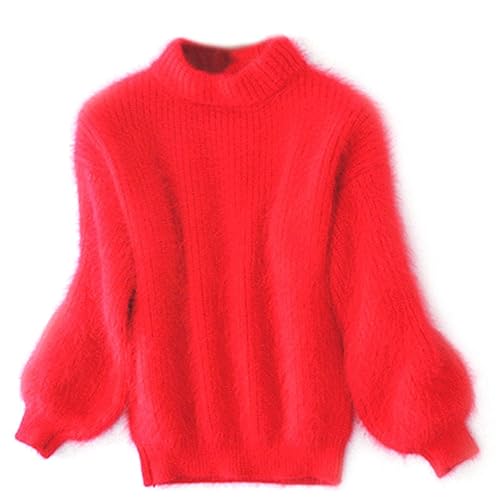 KEYULI Angora-Kaschmir-Mischung, lockerer, Warmer Pullover, lässiger Dicker Fleece-Rollkragenpullover, Rundhals-Strickpullover, Flauschiger Plüschpullover (Rot,Einheitsgröße) von KEYULI