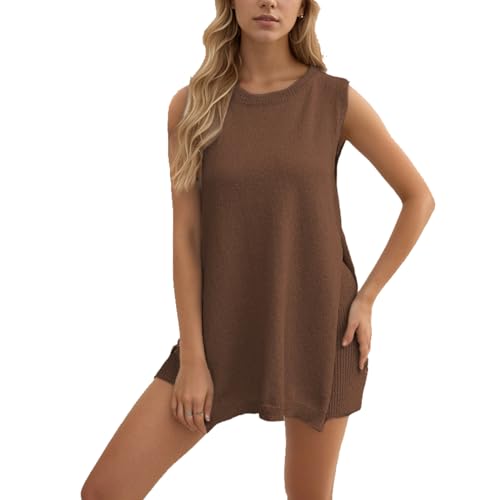 KEYULI Mirandas Sweater Set, Women Knit Pajamas Sets 2 Piece Outfits Casual Sleeveless Sweater Tank Top and Shorts, Sleeveless Tunic Top Matching Shorts 2 Piece Outfits Trendy (Brown,S) von KEYULI