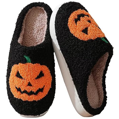 KEYUSHOP Damen Herren Plüsch Hausschuhe Memory-Baumwolle Pantoffeln Winter Halloween Slippers Kürbis Schlappen Flauschige Spooky Slides Weihnachtspantoffeln Weiche rutschfeste Cozy Slippers von KEYUSHOP