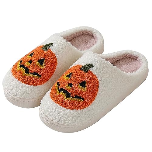 KEYUSHOP Damen Herren Plüsch Hausschuhe Memory-Baumwolle Pantoffeln Winter Halloween Slippers Kürbis Schlappen Flauschige Spooky Slides Weihnachtspantoffeln Weiche rutschfeste Cozy Slippers von KEYUSHOP