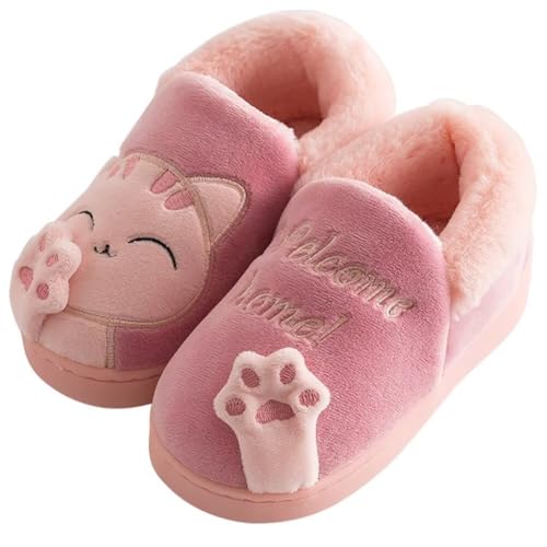 KEYUSHOP Hausschuhe Baumwolle Kinder Winter Warme Plüsch Pantoffeln Cartoon Katze Rutschfeste Slippers Weiche Bequeme Jungen Mädchen Memory Foam Hausschuhe Home Slippers von KEYUSHOP
