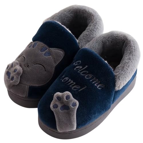 KEYUSHOP Hausschuhe Baumwolle Kinder Winter Warme Plüsch Pantoffeln Cartoon Katze Rutschfeste Slippers Weiche Bequeme Jungen Mädchen Memory Foam Hausschuhe Home Slippers von KEYUSHOP