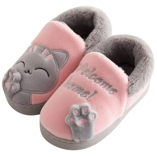 KEYUSHOP Hausschuhe Baumwolle Kinder Winter Warme Plüsch Pantoffeln Cartoon Katze Rutschfeste Slippers Weiche Bequeme Jungen Mädchen Memory Foam Hausschuhe Home Slippers von KEYUSHOP