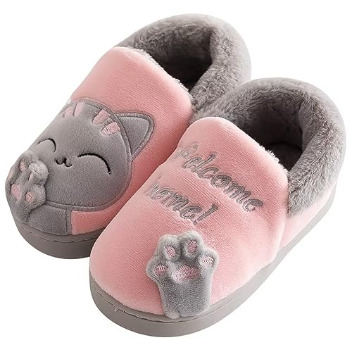 KEYUSHOP Hausschuhe Baumwolle Kinder Winter Warme Plüsch Pantoffeln Cartoon Katze Rutschfeste Slippers Weiche Bequeme Memory Foam Slippers für Mädchen Jungen Innen Außen von KEYUSHOP