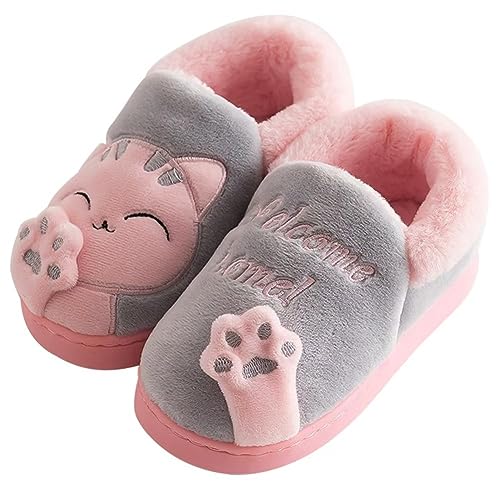 KEYUSHOP Hausschuhe Baumwolle Kinder Winter Warme Plüsch Pantoffeln Cartoon Katze Rutschfeste Slippers Weiche Bequeme Memory Foam Slippers für Mädchen Jungen Innen Außen von KEYUSHOP