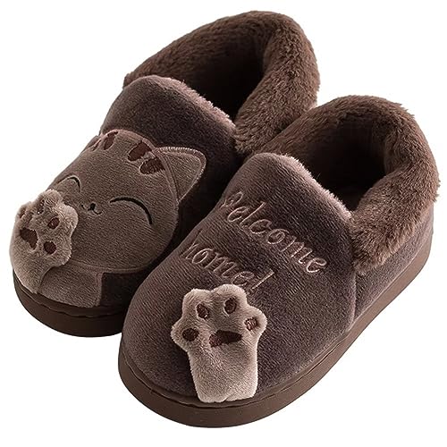 KEYUSHOP Hausschuhe Baumwolle Kinder Winter Warme Plüsch Pantoffeln Cartoon Katze Rutschfeste Slippers Weiche Bequeme Memory Foam Slippers für Mädchen Jungen Innen Außen von KEYUSHOP