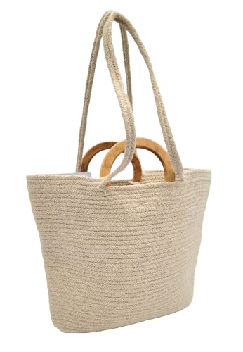 KEYVOX Korbtasche aus recycelter Baumwolle mit Holzgriff für Damen – schicke Schultertasche aus Stoff – handgefertigt im Boho-Hippie-Stil, Natürliches Beige von KEYVOX