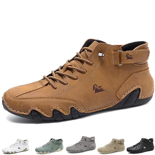 KEZONO Kurze Herrenstiefel In Übergröße- Jungen-Stiefeletten Barfuß-Schuhe- Leder Outdoor Freizeitschuhe- Velourslederstiefel Mit Klettverschluss-Leichtgewicht-Wanderschuhe (Color : Brown, Size : 41) von KEZONO