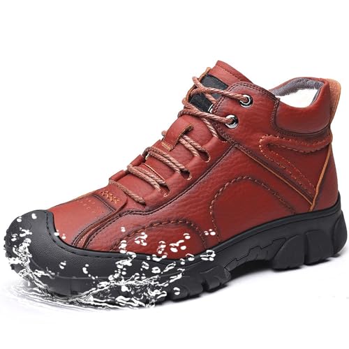 KEZONO Leder-High-Top-Stiefel – Dicke Fleece-Innenschuhe – Diabetiker Breite Füße Elastischer Schuh – Wasserfeste High-Top-Wander-Sneaker (Color : Red, Size : 45) von KEZONO