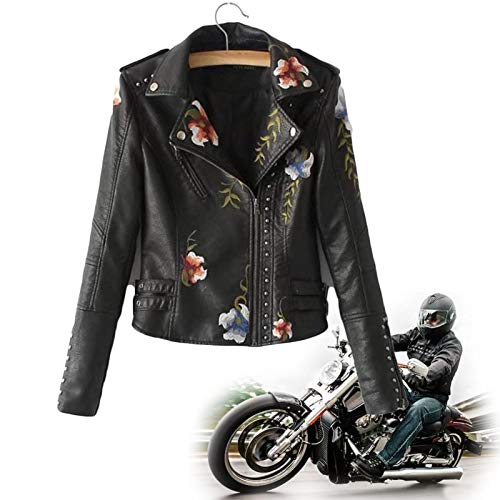 KFGJ Kunstlederjacke Damen Blumen Bestickt Jacke mit Reißverschluss，Women's Floral Embroidered Faux Leather Moto Jacket，Motorradjacke Bikerjacke Übergangsjacke Oberbekleidung von KFGJ