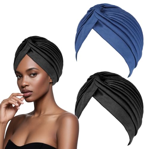 KFHENSOMR 2 Stücke Turban für Damen Soft Verknotet Plissee Turban Hut Mütze Kopfwickel Schlafmütze Afrikanischen Falten-Kopfbedeckung Damen Sommer Kopftuch Kopfbedeckung Haarverlust Hut von KFHENSOMR