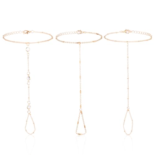 KFHENSOMR Handkette Gold 4 Stück Goldenes Edelstahl Handkettenarmband Wasserfester Goldene Handkette Armband Mit Fingerring für Damen Stilvolles Trend Sommer Schmuck von KFHENSOMR