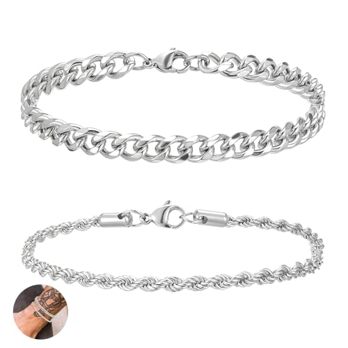 KFHENSOMR Herren Armband 2 Stücke Edelstahl Armbänder Panzerkette Herren Armbänder für Männer Cuban Figaro Curb Link Kette Armband Papa Freund Ehemann Sohn von KFHENSOMR