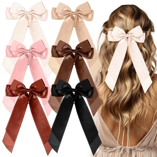 KFHENSOMR Schleife Haargummi 6 Stück Haargummi Mit Schleife, Scrunchies Scrunchie Satin Haarband Langer Schwanz Pferdeschwanzhalter Französische Haarspange Süße Haargummis Weich Haarseile für Frauen von KFHENSOMR