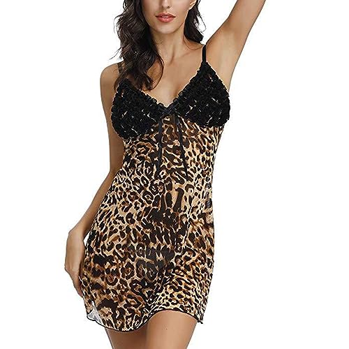 KFLY Sexy Nachtwäsche für Frauen Leopard Print Nachtkleid mit G-Strings See Through Lace Cup Mesh Chemise Teddy Nachtwäsche von KFLY