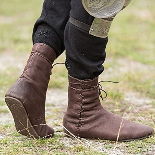 Cosplay Knöchelstiefel, Wikinger Retro Leder Ritter Kurze Stiefel, Karneval, Halloween Klassische Flache Boden Stiefel Schuhe Für Männer Frauen,Braun,44 von KGBEE