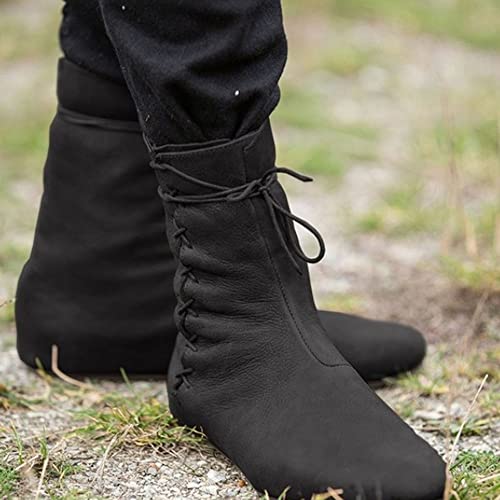 Cosplay Knöchelstiefel, Wikinger Retro Leder Ritter Kurze Stiefel, Karneval, Halloween Klassische Flache Boden Stiefel Schuhe Für Männer Frauen,Schwarz,40 von KGBEE